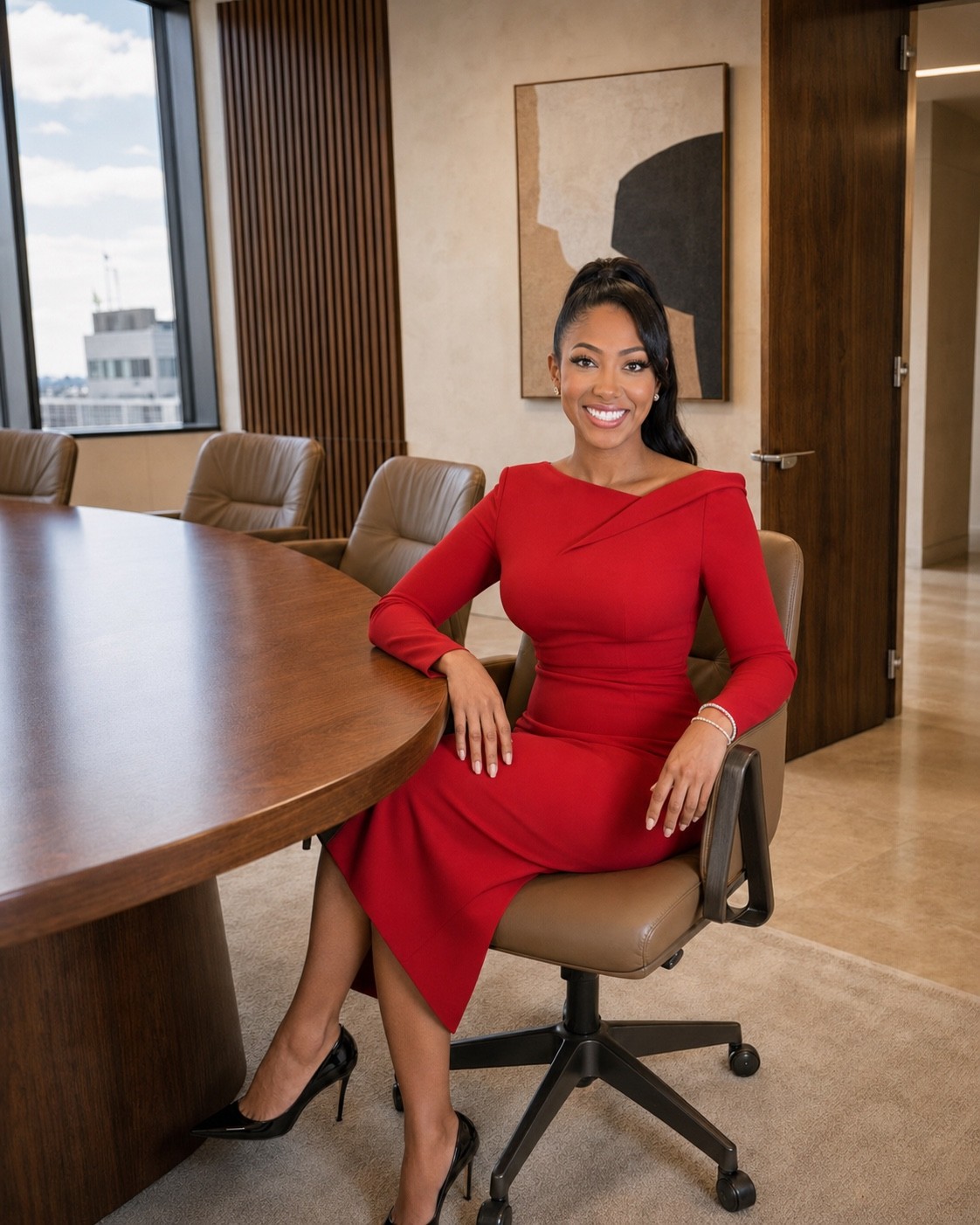 Ellesia Thurmond in a red dress seated at a conference table.